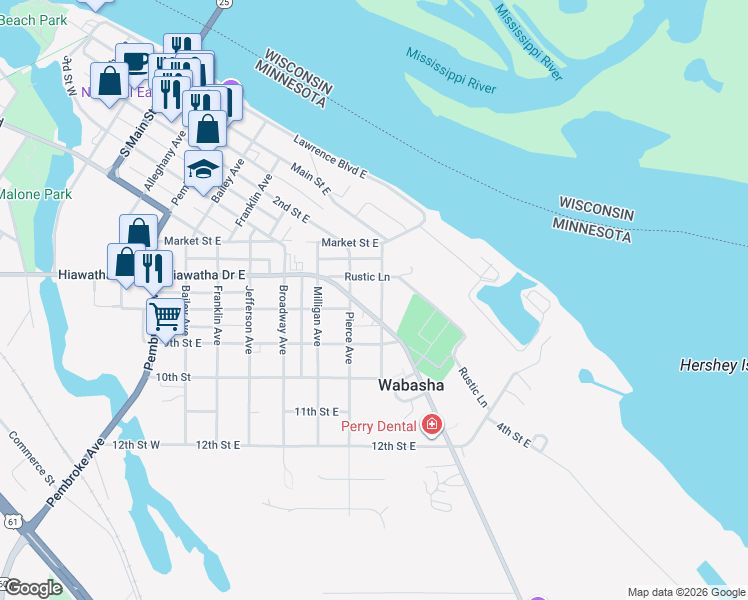 map of restaurants, bars, coffee shops, grocery stores, and more near 707 County Road 30 in Wabasha