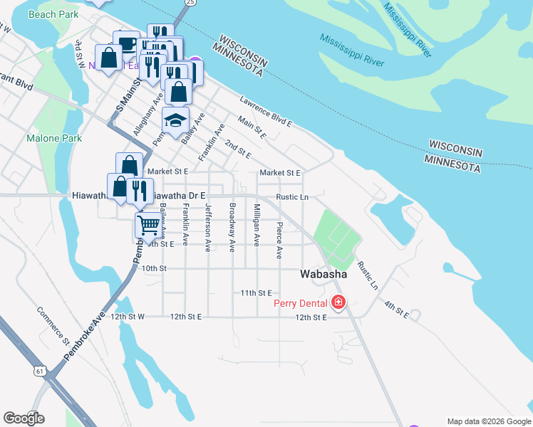 map of restaurants, bars, coffee shops, grocery stores, and more near 630 8th Street East in Wabasha