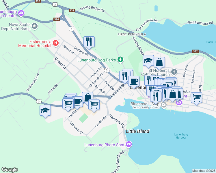 map of restaurants, bars, coffee shops, grocery stores, and more near 23 Broad Street in Lunenburg