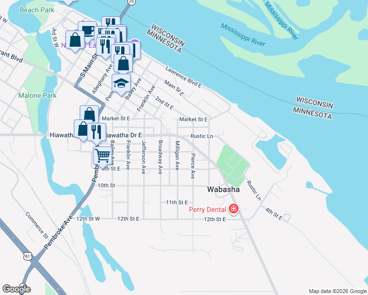 map of restaurants, bars, coffee shops, grocery stores, and more near 630 8th Street East in Wabasha