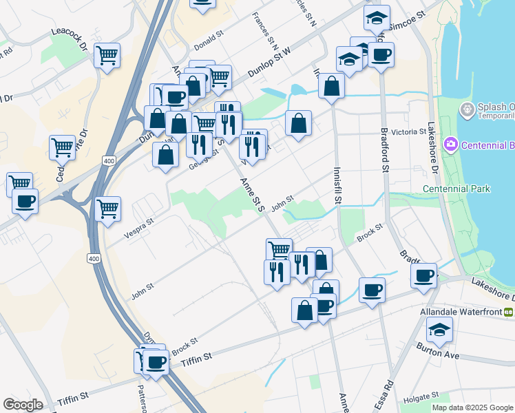 map of restaurants, bars, coffee shops, grocery stores, and more near 110 Anne Street South in Barrie