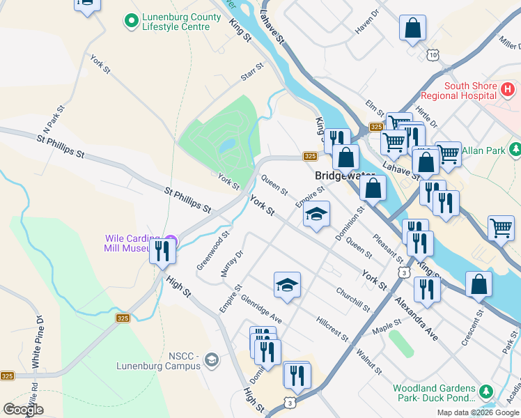 map of restaurants, bars, coffee shops, grocery stores, and more near 195 York Street in Bridgewater