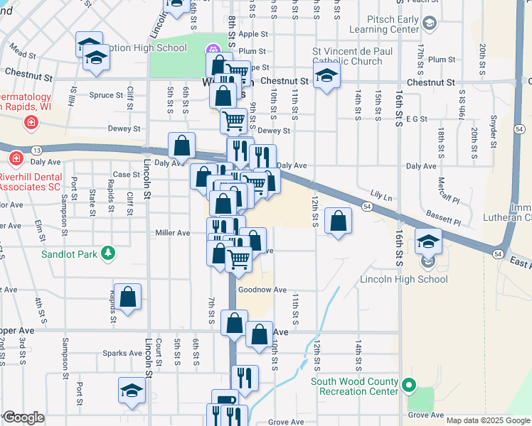 map of restaurants, bars, coffee shops, grocery stores, and more near 900 East Riverview Expressway in Wisconsin Rapids