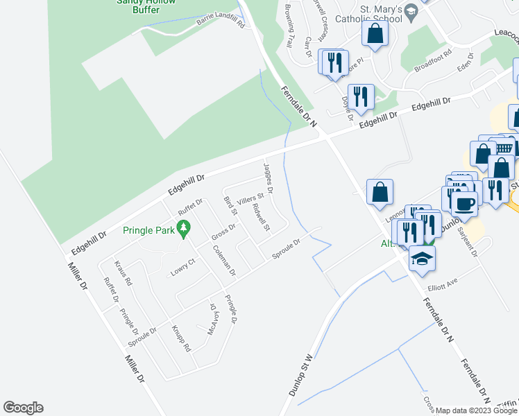 map of restaurants, bars, coffee shops, grocery stores, and more near 13 Ridwell Street in Barrie