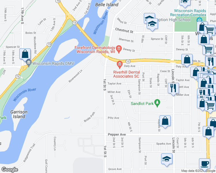 map of restaurants, bars, coffee shops, grocery stores, and more near 220 Miller Avenue in Wisconsin Rapids