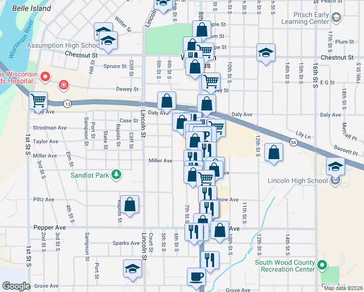 map of restaurants, bars, coffee shops, grocery stores, and more near 1930 7th Street South in Wisconsin Rapids