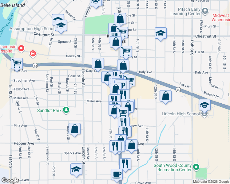 map of restaurants, bars, coffee shops, grocery stores, and more near 1930 7th Street South in Wisconsin Rapids