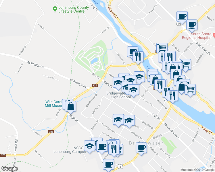 map of restaurants, bars, coffee shops, grocery stores, and more near 195 York Street in Bridgewater