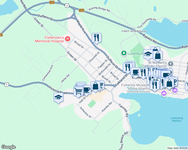 map of restaurants, bars, coffee shops, grocery stores, and more near 66 McDonald Street in Lunenburg