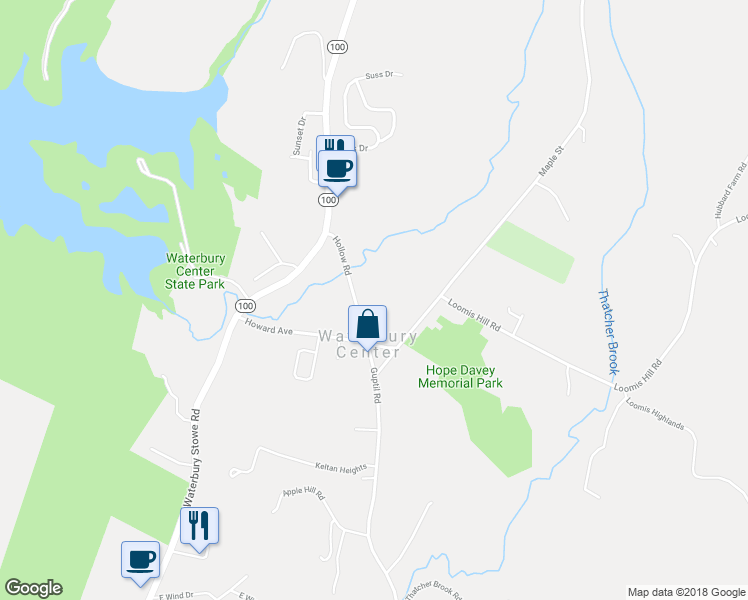 map of restaurants, bars, coffee shops, grocery stores, and more near 201 Hollow Road in Waterbury Center