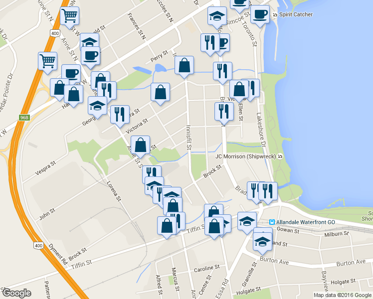 map of restaurants, bars, coffee shops, grocery stores, and more near 75 John Street in Barrie