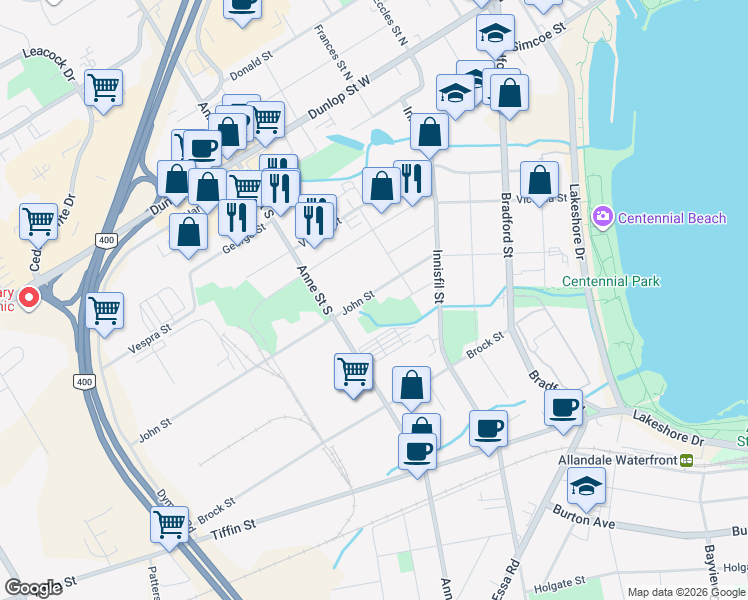 map of restaurants, bars, coffee shops, grocery stores, and more near 113 John Street in Barrie