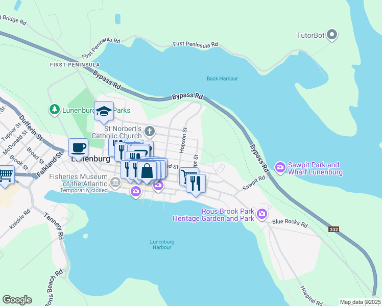 map of restaurants, bars, coffee shops, grocery stores, and more near 188 Lawrence Street in Lunenburg