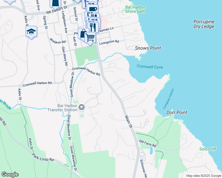 map of restaurants, bars, coffee shops, grocery stores, and more near 391 Main Street in Bar Harbor