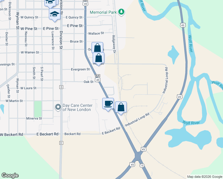 map of restaurants, bars, coffee shops, grocery stores, and more near N3836 East Street in New London