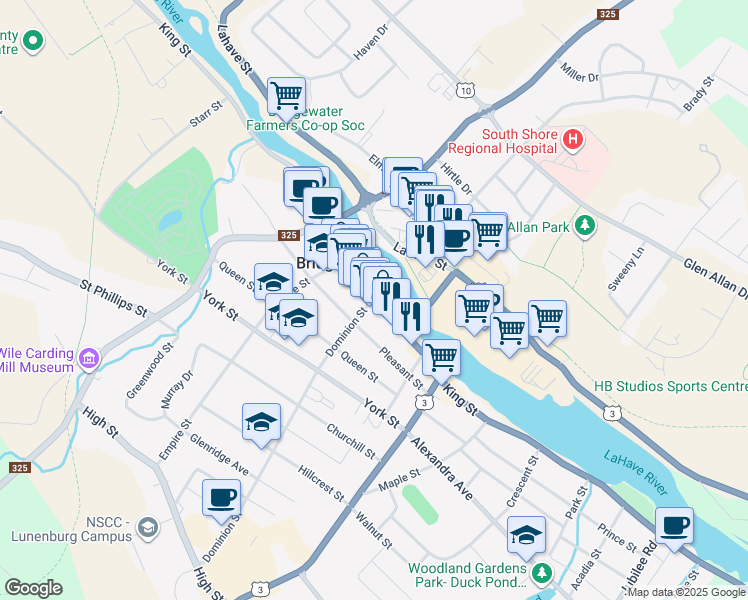 map of restaurants, bars, coffee shops, grocery stores, and more near 620 King Street in Bridgewater