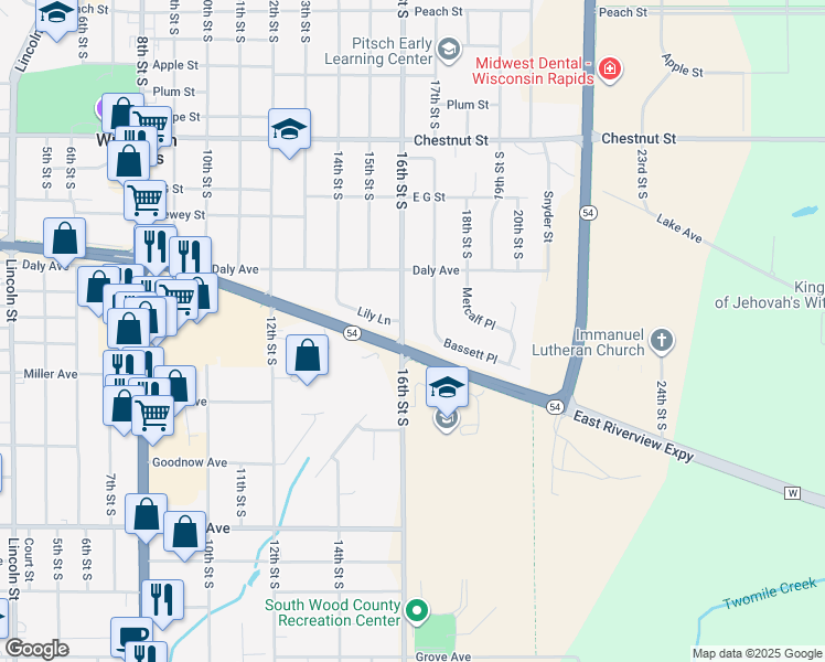 map of restaurants, bars, coffee shops, grocery stores, and more near 1411 16th Street South in Wisconsin Rapids