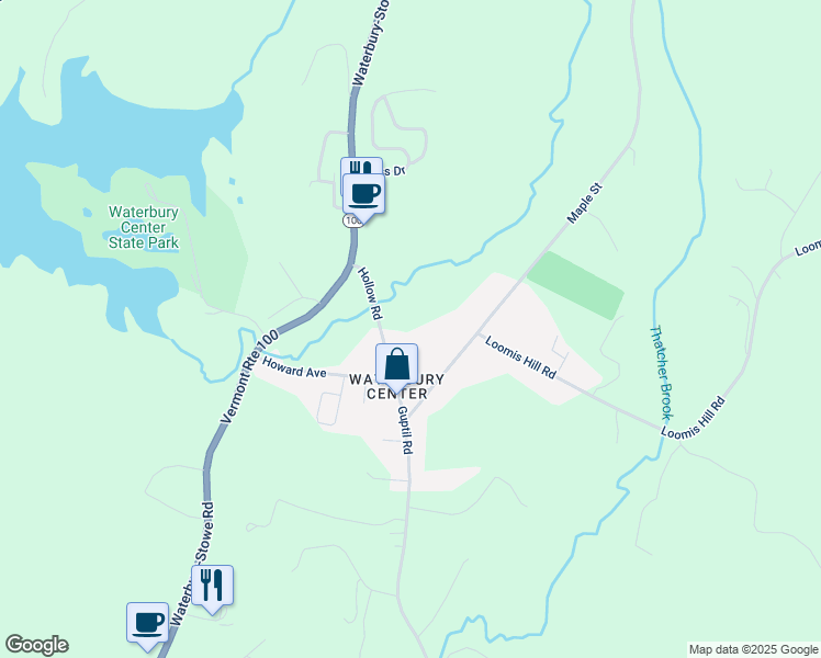map of restaurants, bars, coffee shops, grocery stores, and more near 201 Hollow Road in Waterbury Center