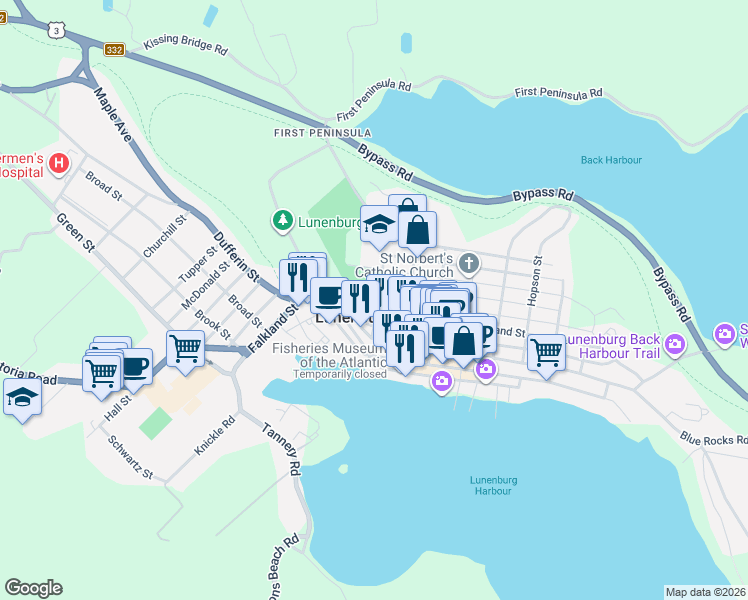 map of restaurants, bars, coffee shops, grocery stores, and more near 47 Kaulbach Street in Lunenburg
