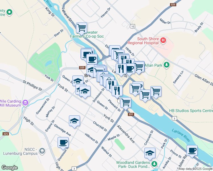 map of restaurants, bars, coffee shops, grocery stores, and more near 626 King Street in Bridgewater