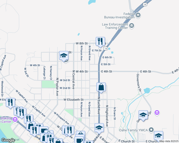 map of restaurants, bars, coffee shops, grocery stores, and more near 900 North Grand Avenue in Pierre