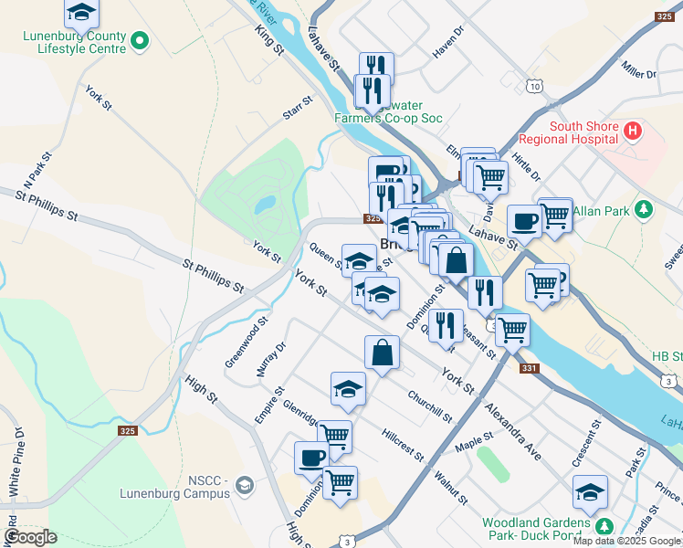 map of restaurants, bars, coffee shops, grocery stores, and more near 149 Queen Street in Bridgewater