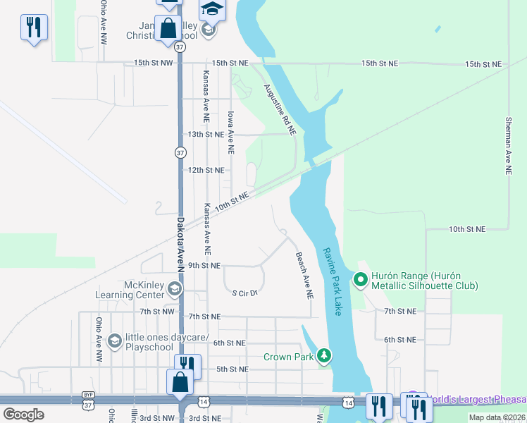 map of restaurants, bars, coffee shops, grocery stores, and more near 1205 Beach Circle Northeast in Huron