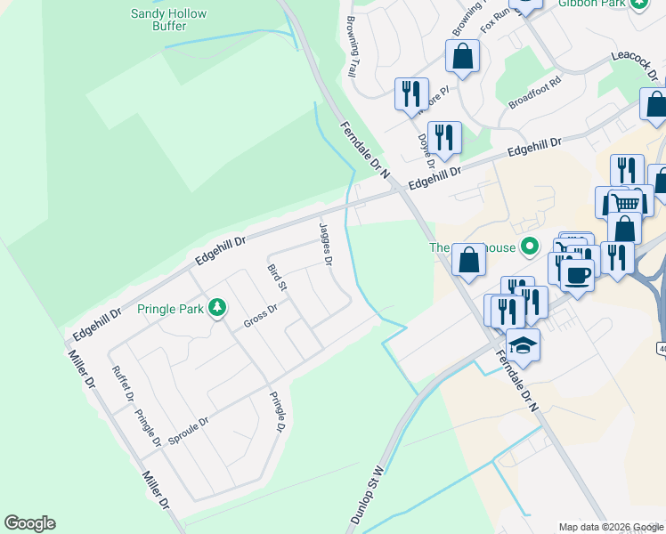 map of restaurants, bars, coffee shops, grocery stores, and more near 21 Jagges Drive in Barrie