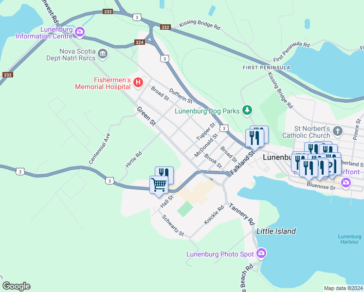map of restaurants, bars, coffee shops, grocery stores, and more near 100 Green Street in Lunenburg