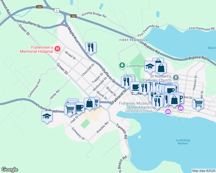 map of restaurants, bars, coffee shops, grocery stores, and more near 40 Broad Street in Lunenburg