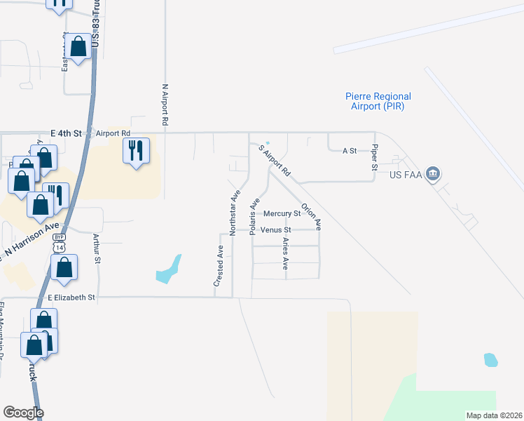 map of restaurants, bars, coffee shops, grocery stores, and more near Mercury St in Pierre