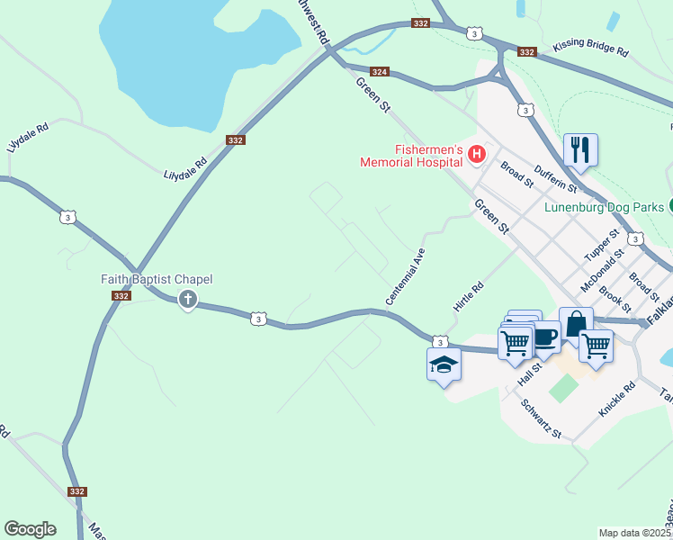 map of restaurants, bars, coffee shops, grocery stores, and more near Knock Lane in Lunenburg