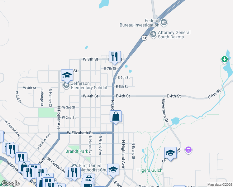 map of restaurants, bars, coffee shops, grocery stores, and more near 900 U.S. 14 in Pierre