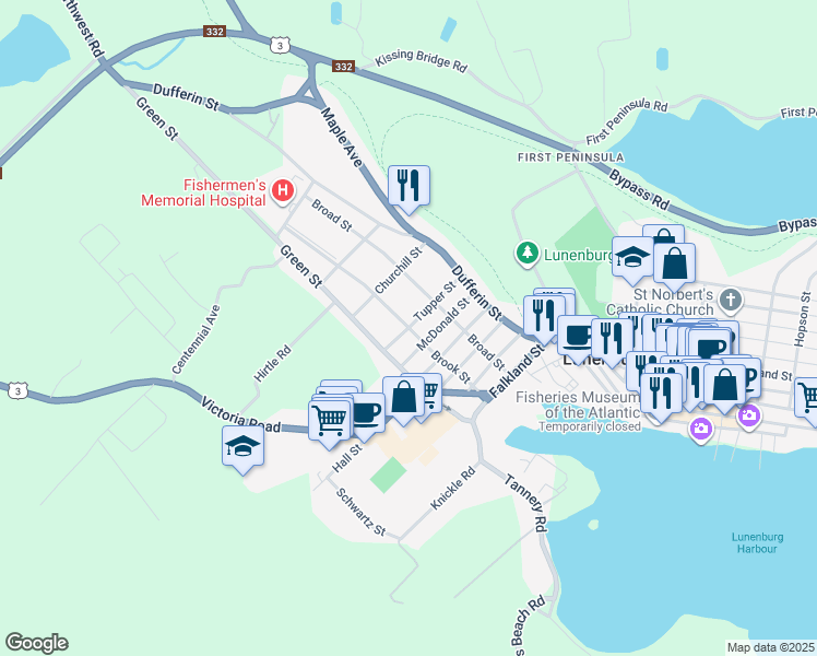 map of restaurants, bars, coffee shops, grocery stores, and more near Brook Street in Lunenburg