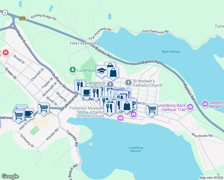 map of restaurants, bars, coffee shops, grocery stores, and more near 69 Fox Street in Lunenburg