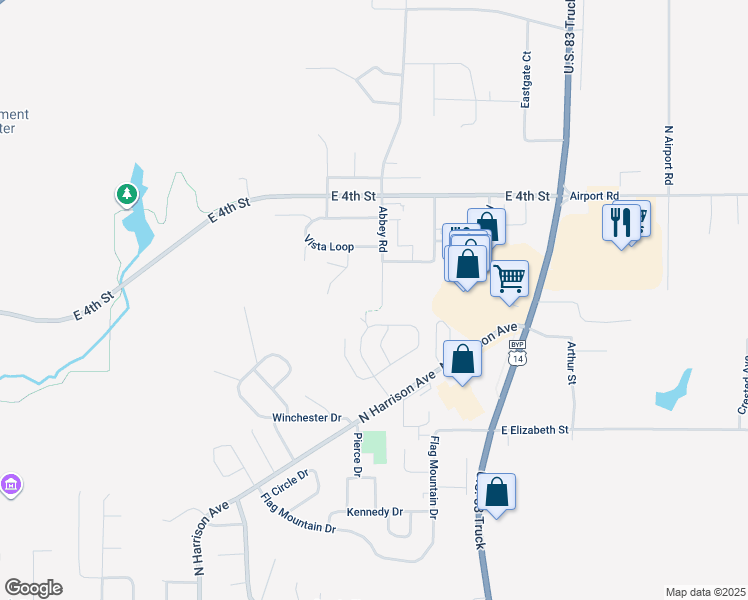 map of restaurants, bars, coffee shops, grocery stores, and more near Abbey Road in Pierre
