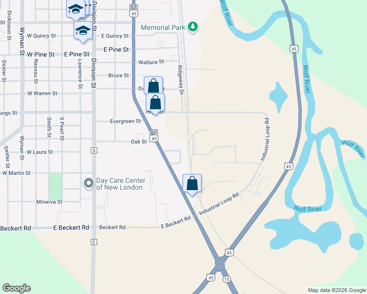map of restaurants, bars, coffee shops, grocery stores, and more near N3836 East Street in New London