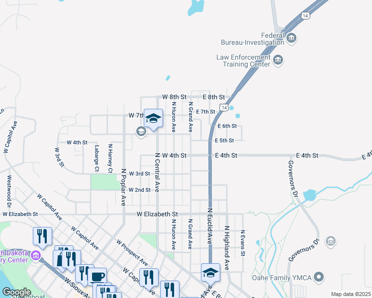 map of restaurants, bars, coffee shops, grocery stores, and more near 900-998 North Grand Avenue in Pierre
