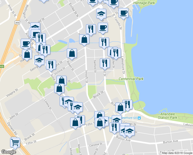 map of restaurants, bars, coffee shops, grocery stores, and more near 81 C Sanford Street in Barrie