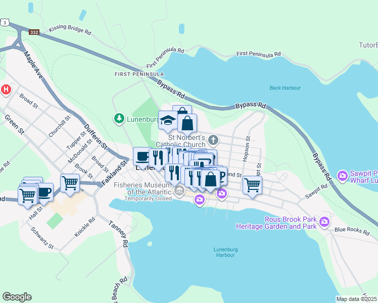 map of restaurants, bars, coffee shops, grocery stores, and more near 77 Fox Street in Lunenburg