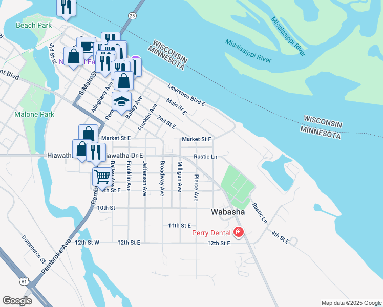 map of restaurants, bars, coffee shops, grocery stores, and more near 629 Rustic Ln in Wabasha