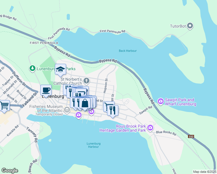 map of restaurants, bars, coffee shops, grocery stores, and more near 188 Lawrence Street in Lunenburg