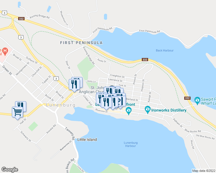 map of restaurants, bars, coffee shops, grocery stores, and more near 69 Fox Street in Lunenburg