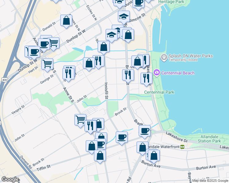 map of restaurants, bars, coffee shops, grocery stores, and more near 82 Sanford Street in Barrie