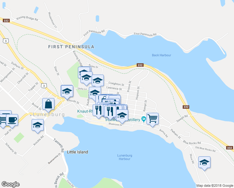 map of restaurants, bars, coffee shops, grocery stores, and more near 71 King Street in Lunenburg