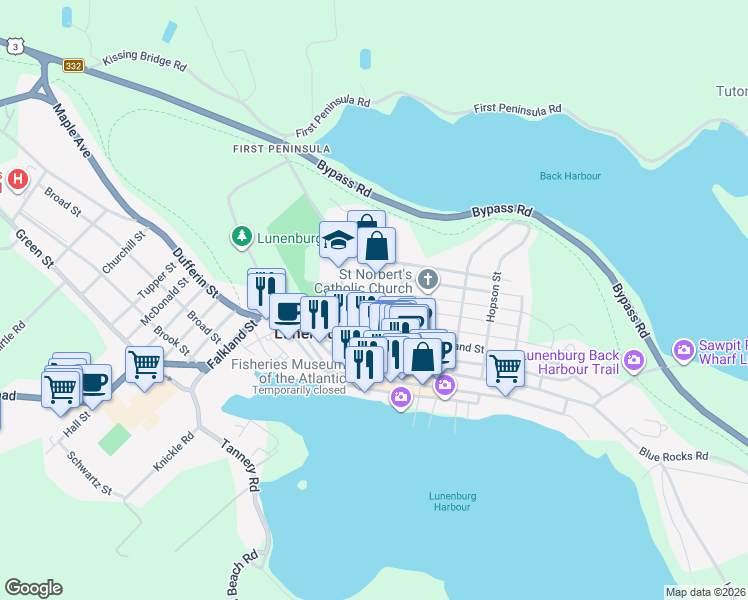 map of restaurants, bars, coffee shops, grocery stores, and more near 69 Fox Street in Lunenburg