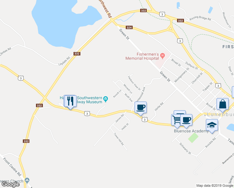 map of restaurants, bars, coffee shops, grocery stores, and more near 15 Knock Lane in Lunenburg