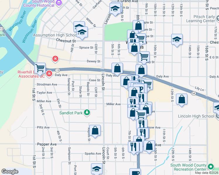 map of restaurants, bars, coffee shops, grocery stores, and more near 1740 5th Street South in Wisconsin Rapids