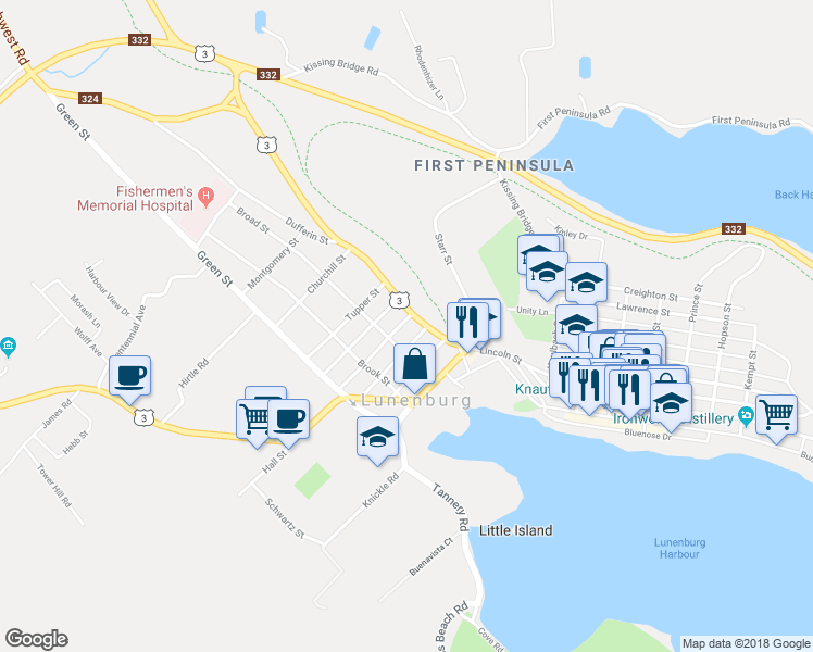 map of restaurants, bars, coffee shops, grocery stores, and more near 7 McKenzie Street in Lunenburg