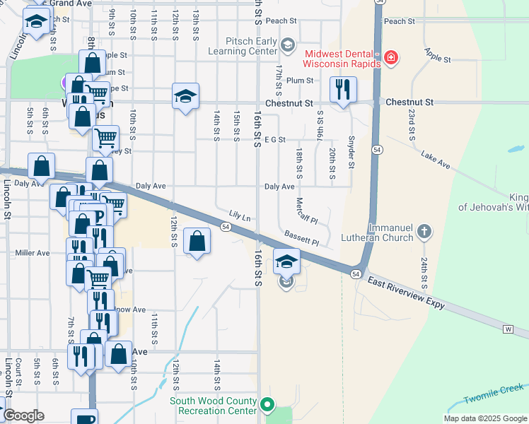 map of restaurants, bars, coffee shops, grocery stores, and more near 1411 16th Street South in Wisconsin Rapids